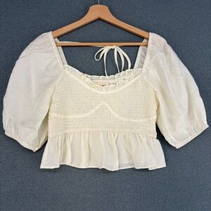 C'isa Small Cream Smocked Puff Sleeve Crop Top Cottagecore Boho Puff Festival